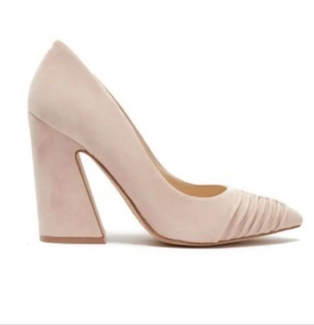Nine West Harlyn Beige Suede Gathered Toe Block Heel Pump sz 11 NEW